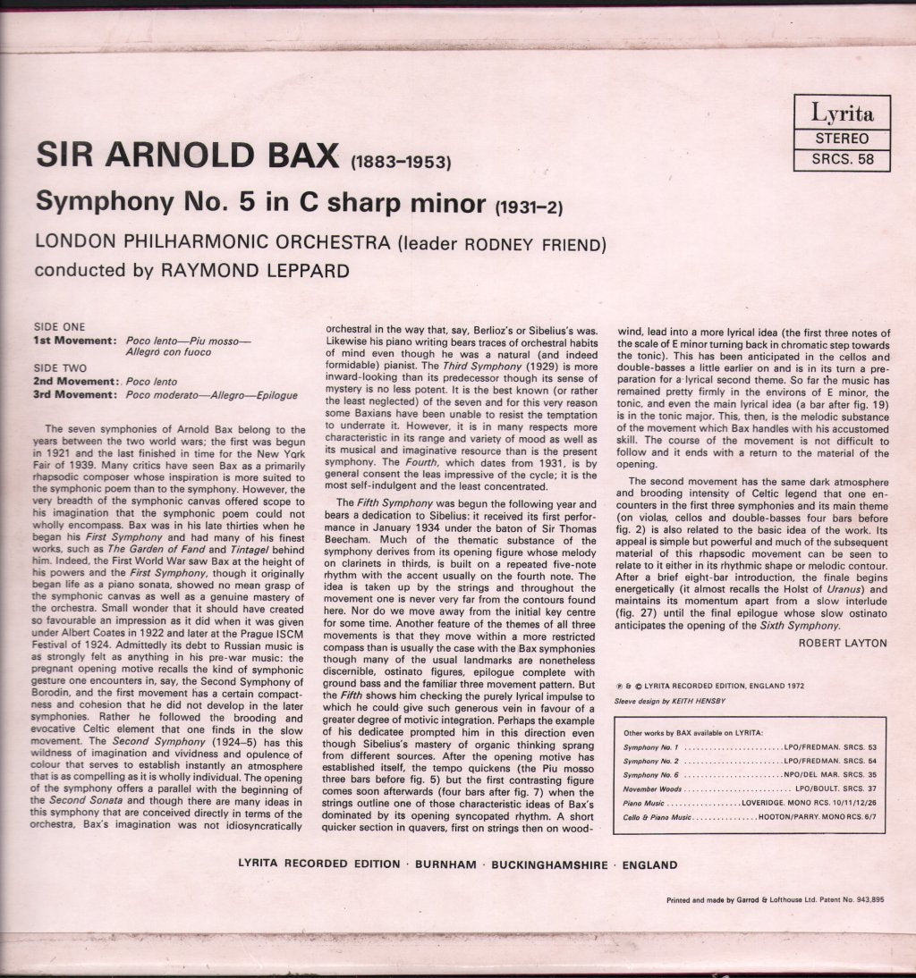 Raymond Leppard / London Philharmonic Orchestra - Bax - Symphony No.5 - Lp