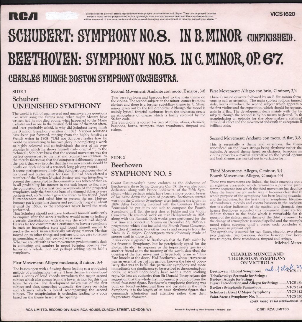 Charles Munch / Boston Symphony Orchestra - Beethoven - Fifth Symphony / Schubert - Unfinished Symphony - Lp