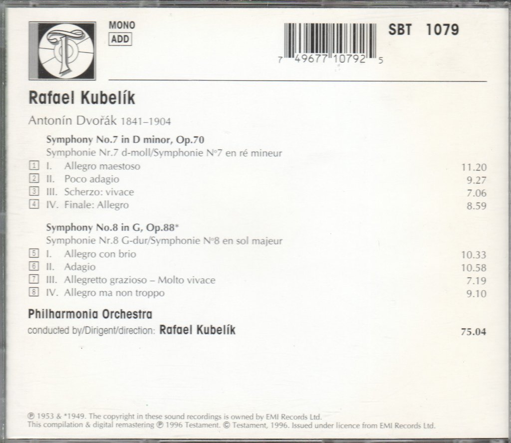 Rafael Kubelik, Philharmonia Orchestra - Dvorak: Symphonies Nos. 7 & 8 (Rafael Kubelik) - Cd