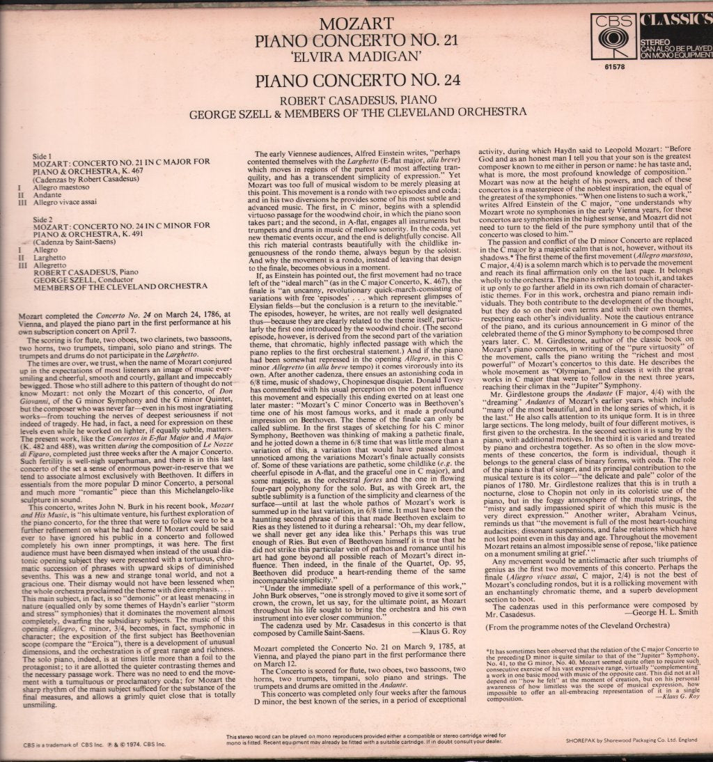 Robert Casadesus / George Szell / Cleveland Orchestra - Mozart - Piano Concerto No. 21 'Elvira Madigan' / Piano Concerto No. 24 - Lp