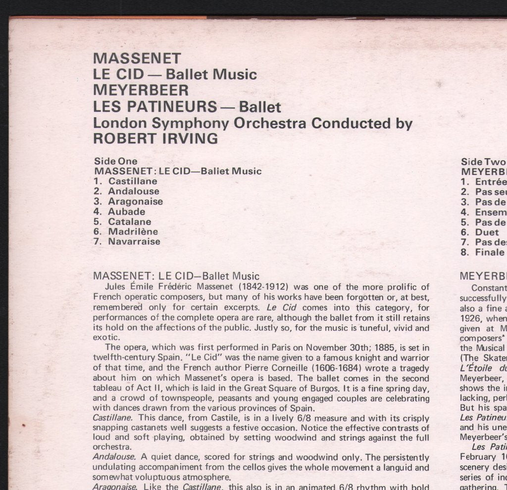 Robert Irving / London Symphony Orchestra - Massenet - Le Cid / Meyerbeer - Les Patineurs - Lp