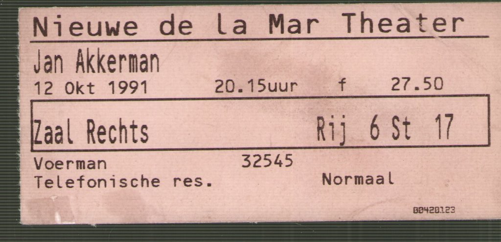 Jan Akkerman - New De La Mar Theater 12/10/91 - Ticket