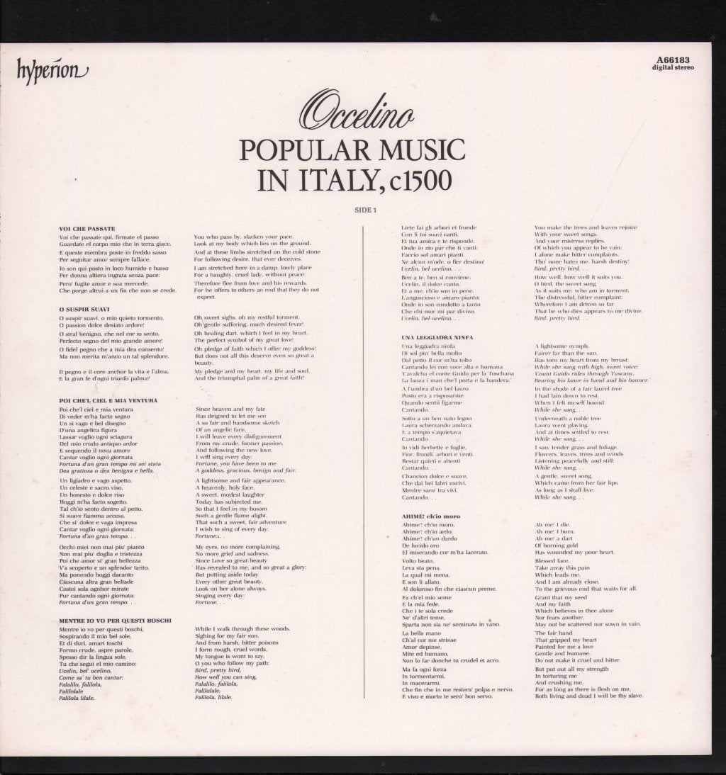 London Pro Musica / Kevin Smith / Christopher Wilson / Erin Headley / Bernard Thomas - Occelino - Popular Music In Italy, c1500 - Lp