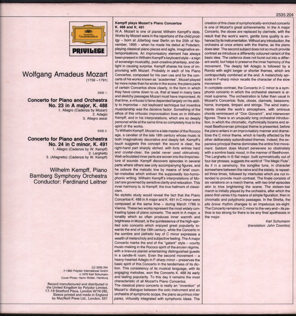 Wilhelm Kempff - Mozart Piano Concertos - Lp