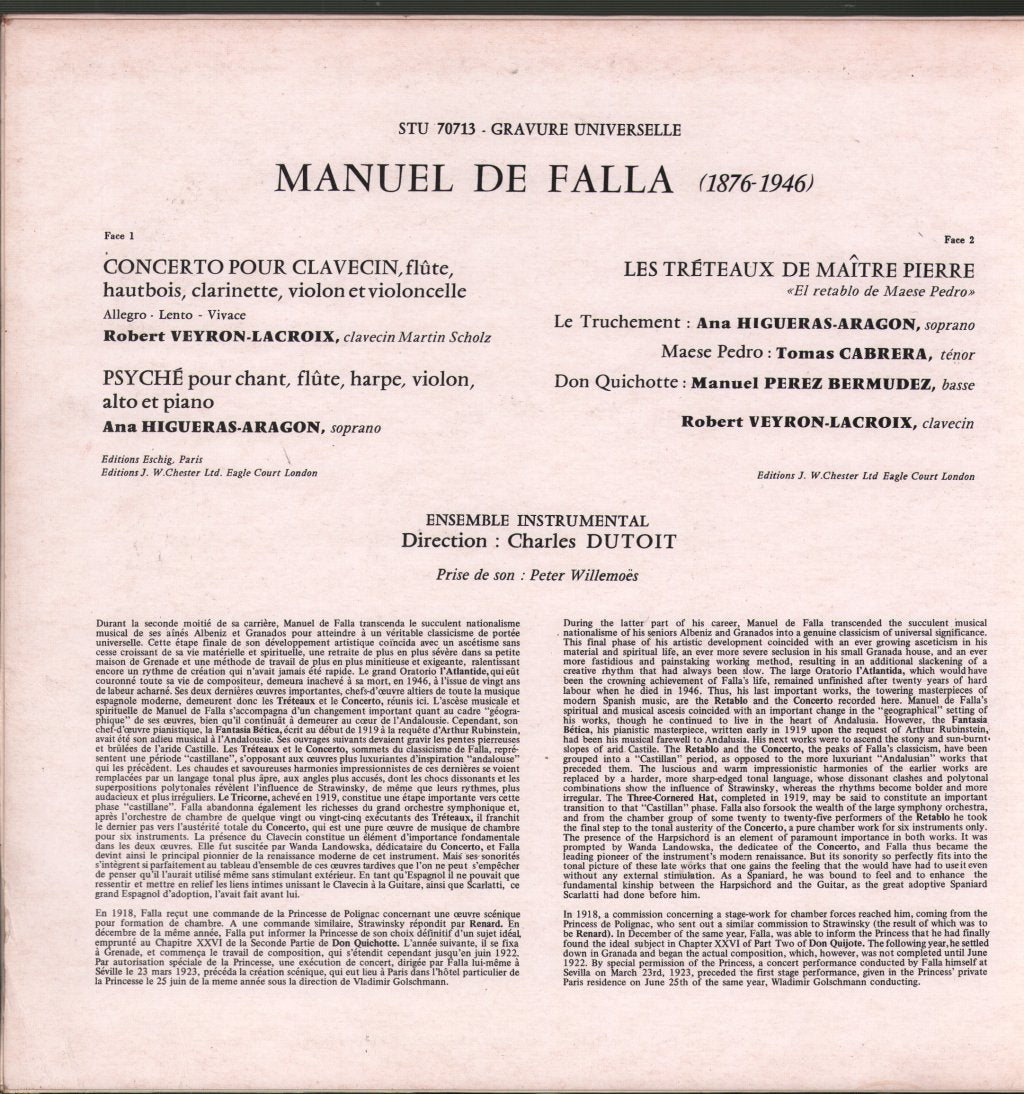 Charles Dutoit / Robert Veyron-Lacroix - De Falla - Concerto Per Clavecimbalo / Les Treteaux De Maitre Pierre - Lp