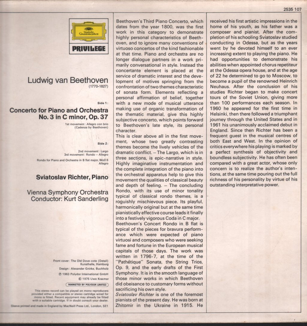 Sviatoslav Richter / Kurt Sanderling / Vienna Symphony Orchestra - Ludwig Van Beethoven - Piano Concerto No. 3 / Rondo For Piano And Orchestra - Lp