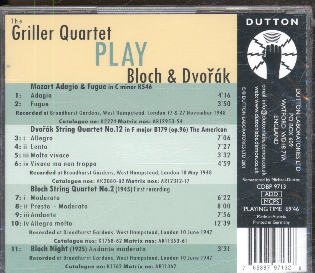 Griller String Quartet - Griller Quartet Play Bloch & Dvořák - Cd