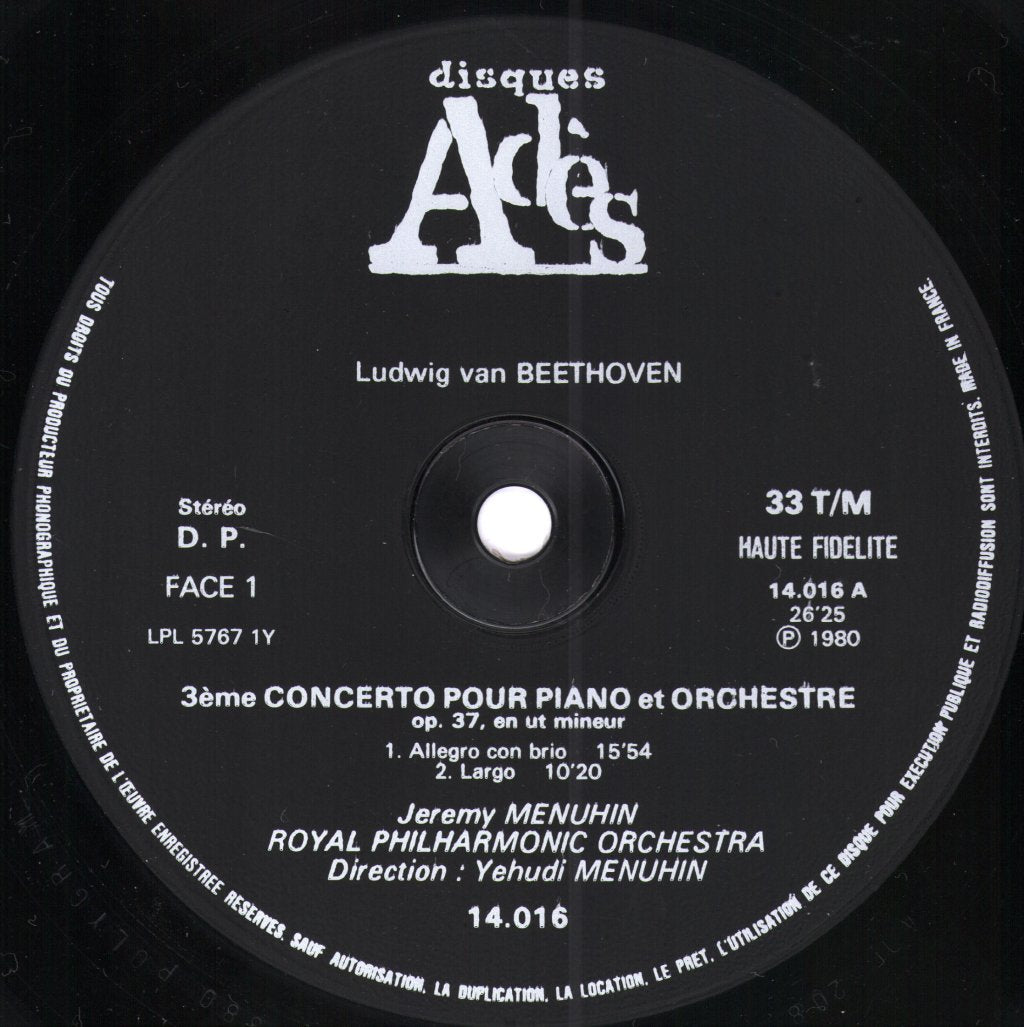 Jeremy Menuhin / Yehudi Menuhin / Royal Philharmonic Orchestra - Beethoven - 3e Concerto / 13e Sonate "Quasi Una Fantasia" - Lp