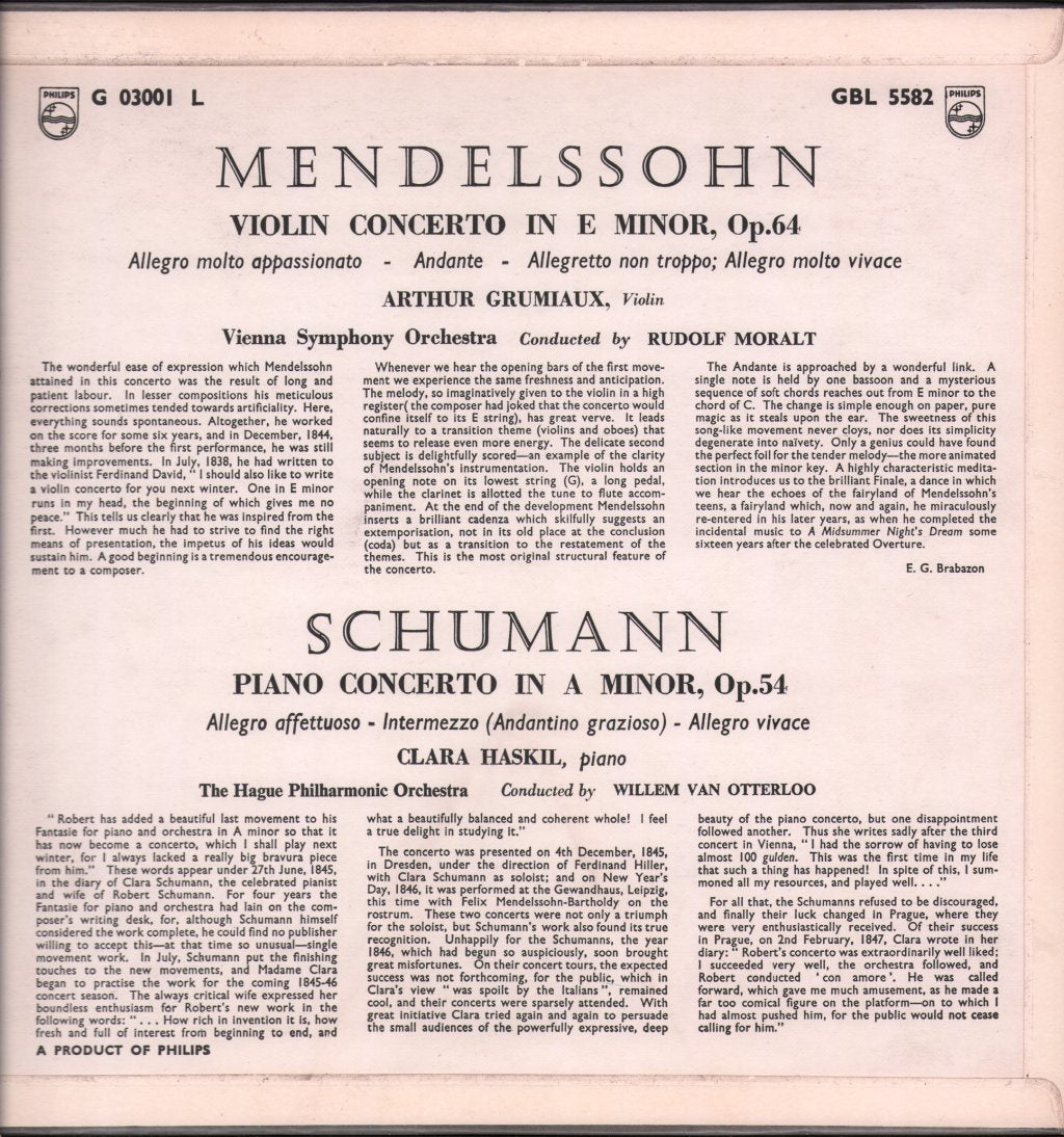 Arthur Grumiaux / Clara Haskil - Mendelssohn - Violin Concerto In E Minor / Schumann - Piano Concerto In A Minor - Lp