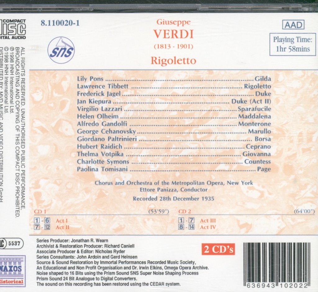 Orchestra Of The Metropolitan Opera, Ettore Panizza - Verdi - Rigoletto - Double Cd
