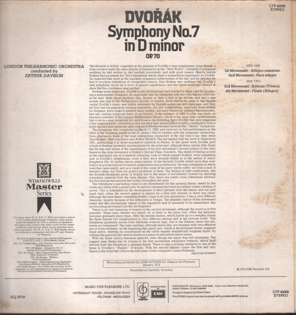 Arthur Davison / London Philharmonic Orchestra - Dvorak - Symphony No. 7 In D Minor - Lp