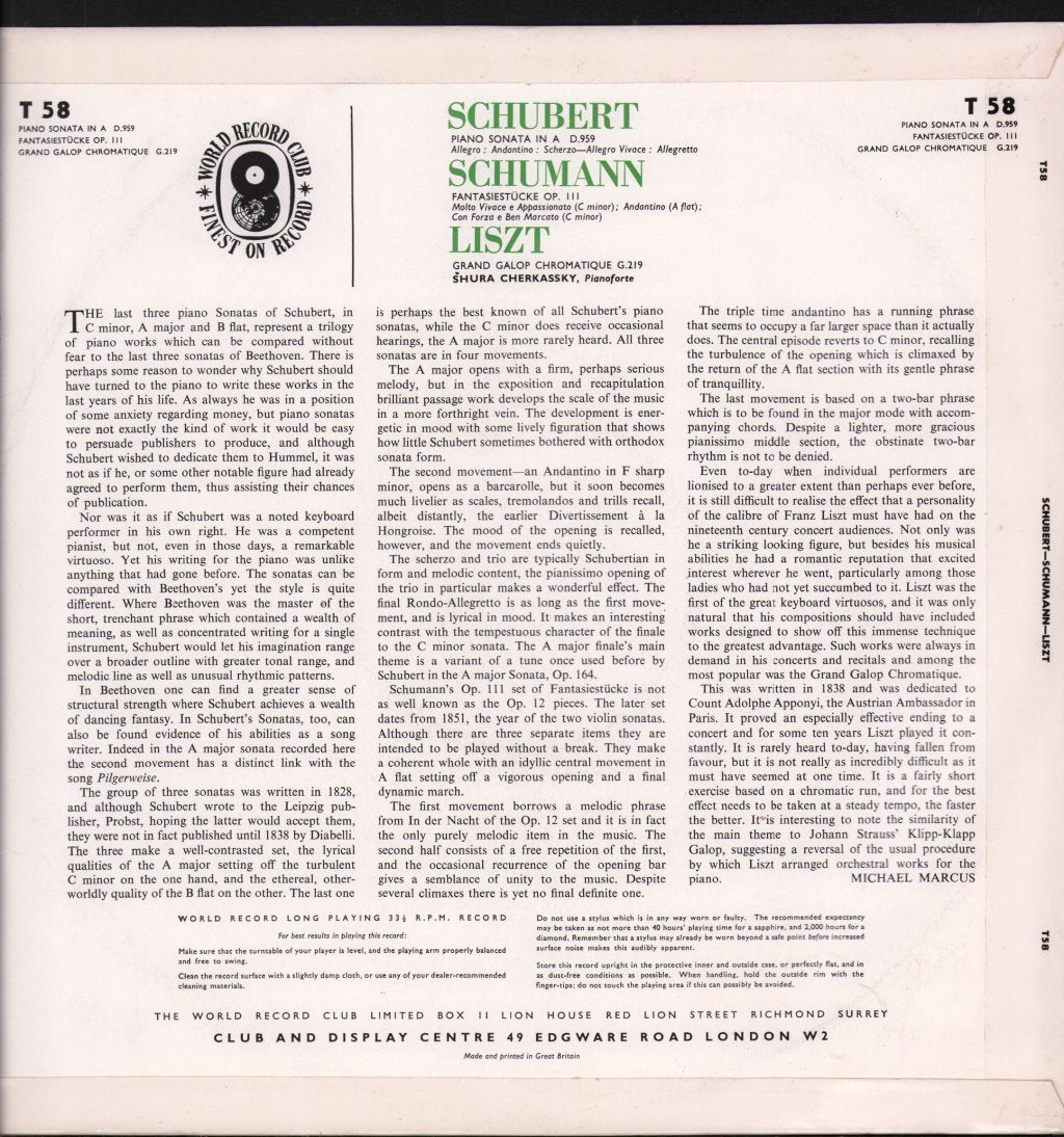 Shura Cherkassky - Schubert - Schumann - Liszt - Lp