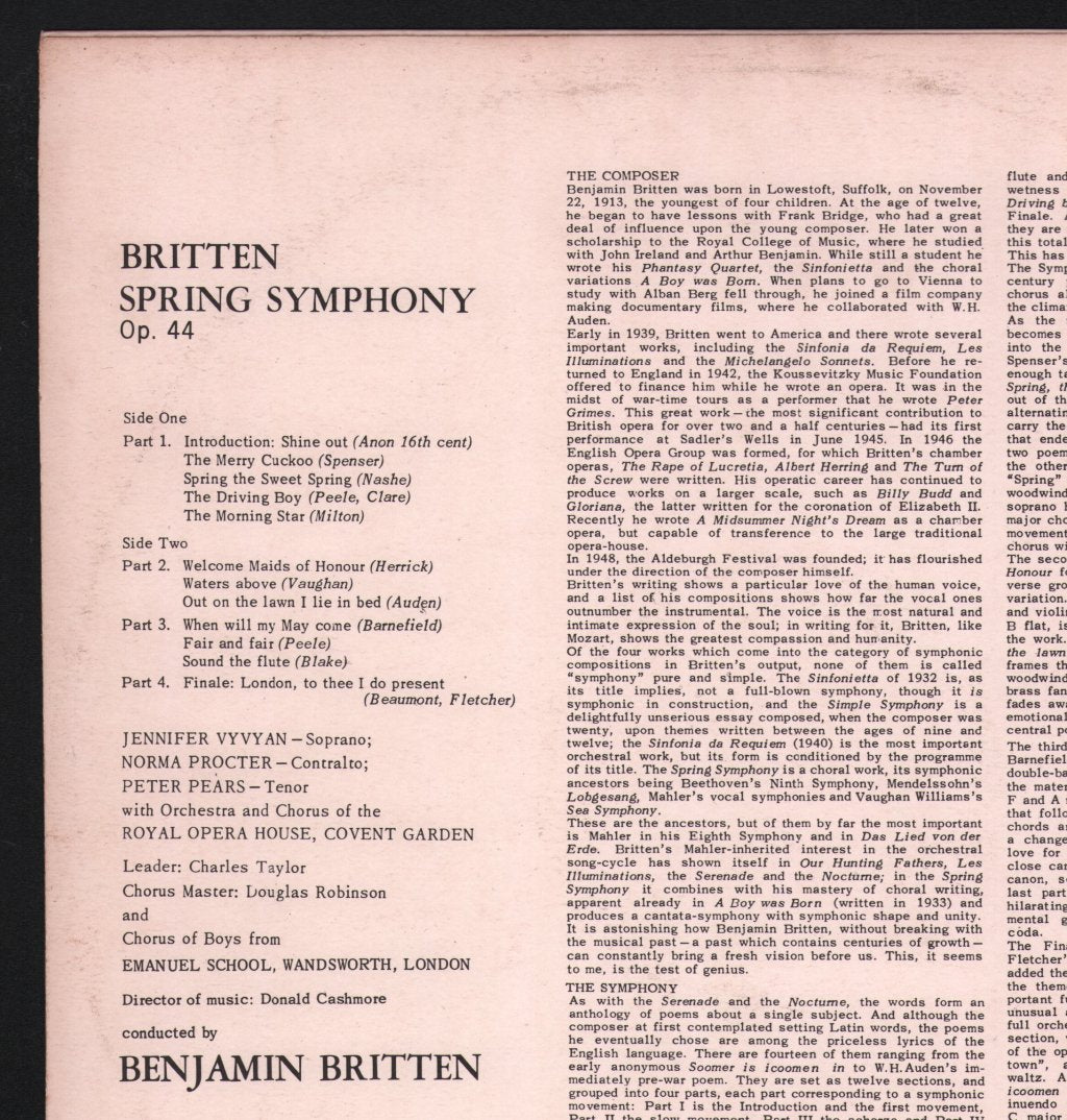 Benjamin Britten / Jennifer Vyvyan / Norma Procter / Peter Pears / Orchestra Of The Royal Opera House, Covent Garden - Benjamin Britten - Spring Symphony - Lp