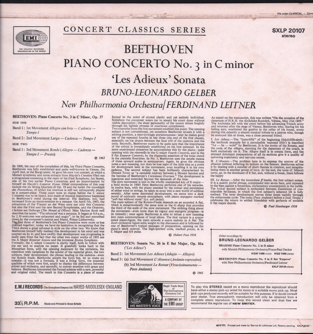 Bruno Leonardo Gelber / Ferdinand Leitner / New Philharmonia Orchestra - Beethoven - Piano Concerto No. 3 In C Minor / 'Les Adieux' Sonata - Lp