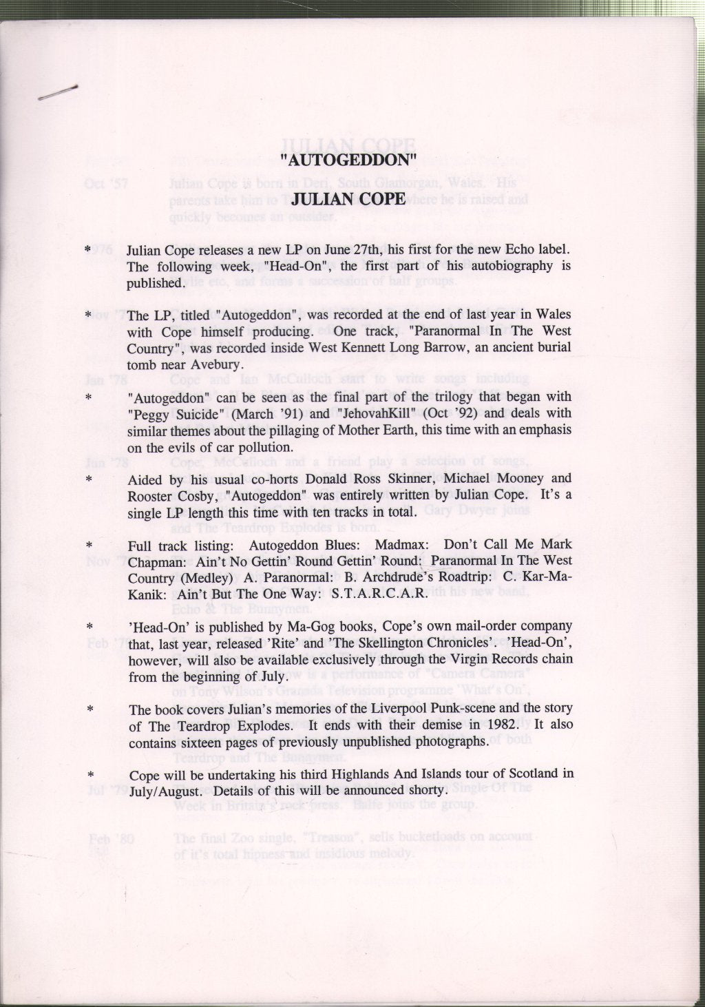 Julian Cope - Autogeddon - Press Release