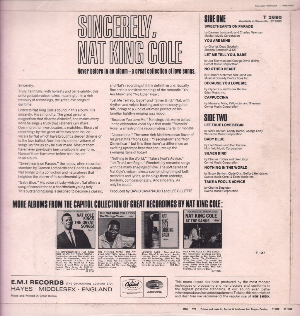 Nat King Cole - Sincerely - Lp