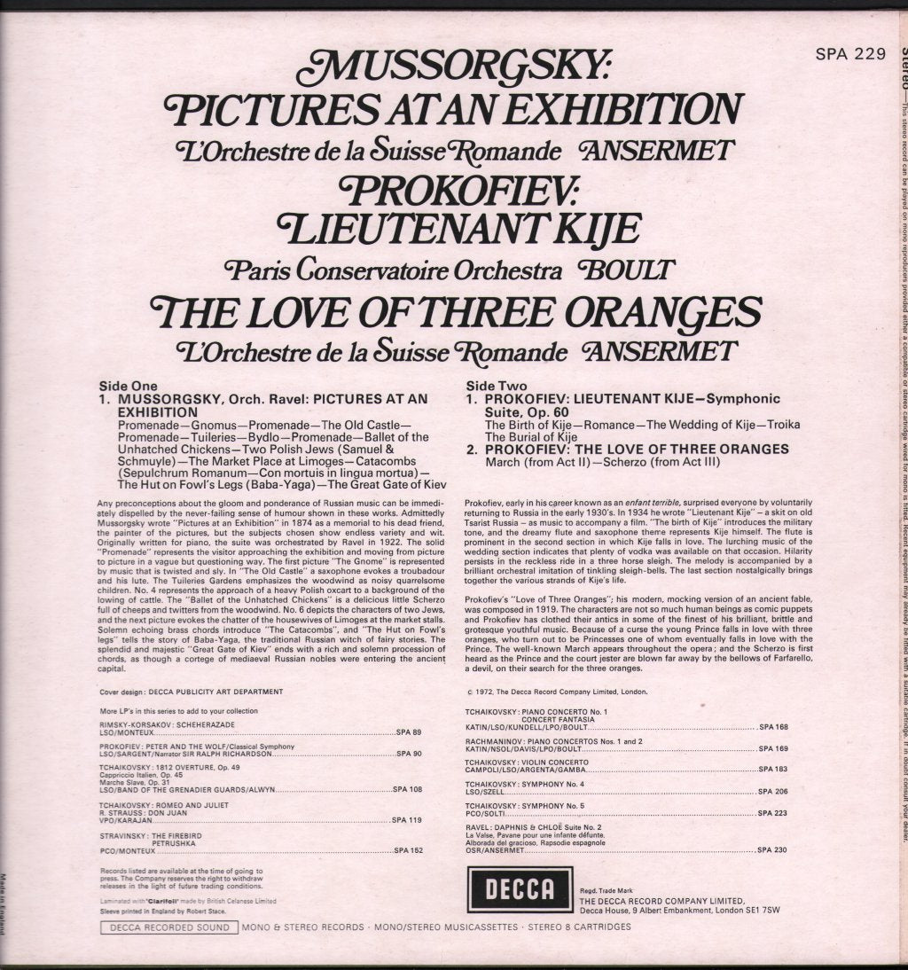 Ernest Ansermet - L'Orchestre De La Suisse Romande / Paris Conservatoire Orchestra / Sir Adrian Boult - Mussorgsky - Pictures At An Exhibition / Prokofiev - Love of Three Oranges - Lp