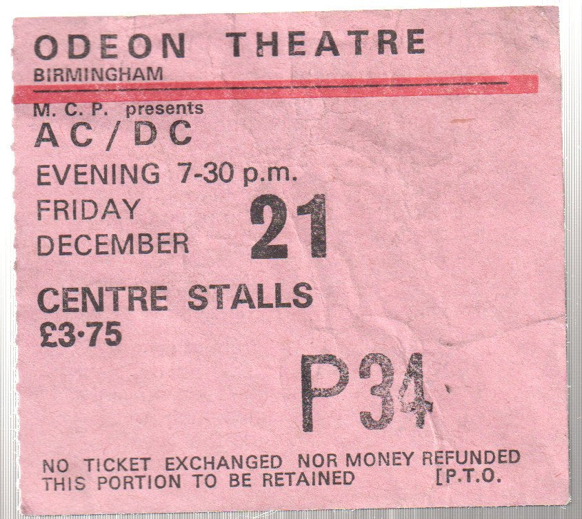 AC/DC - Highway To Hell Tour Part 2 - Odeon Theatre Birmingham 21 December 1979 - Ticket