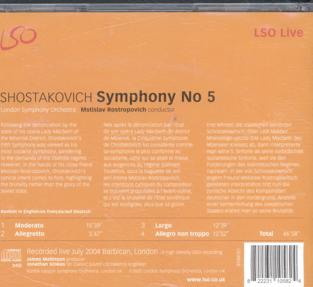 Mstislav Rostropovich, London Symphony Orchestra - Shostakovich - Symphony No 5 - Cd