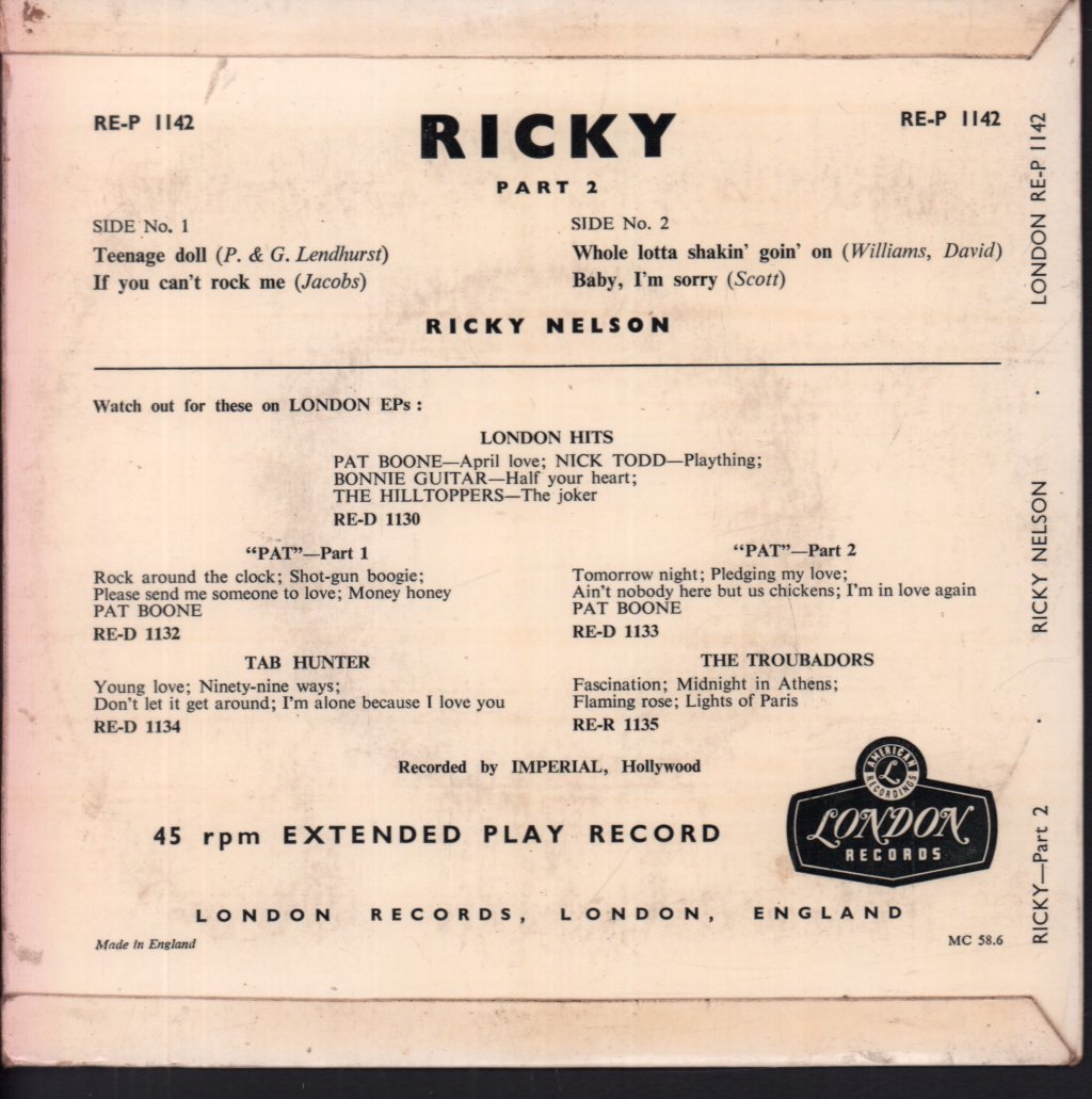 Ricky Nelson - Ricky Part 2 - 7 Inch