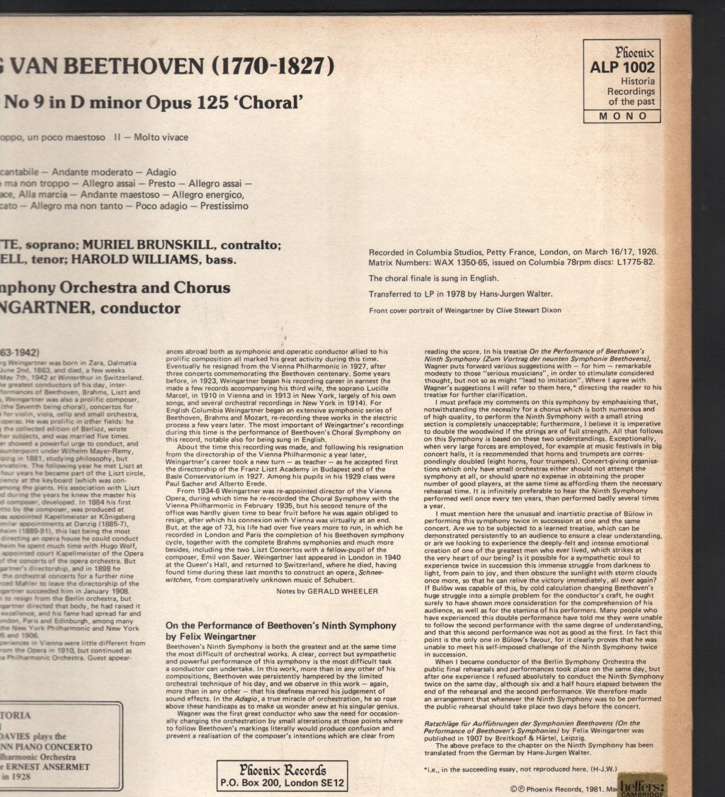 Felix Weingartner / London Symphony Orchestra - Beethoven - Choral Symphony - Lp