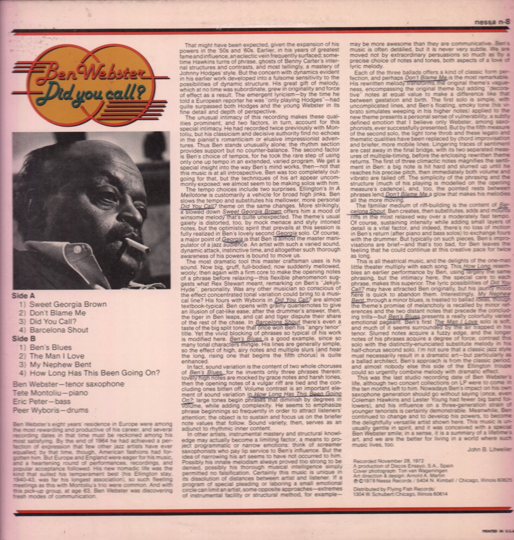 Ben Webster Featuring Tete Montoliu - Did You Call? - Lp