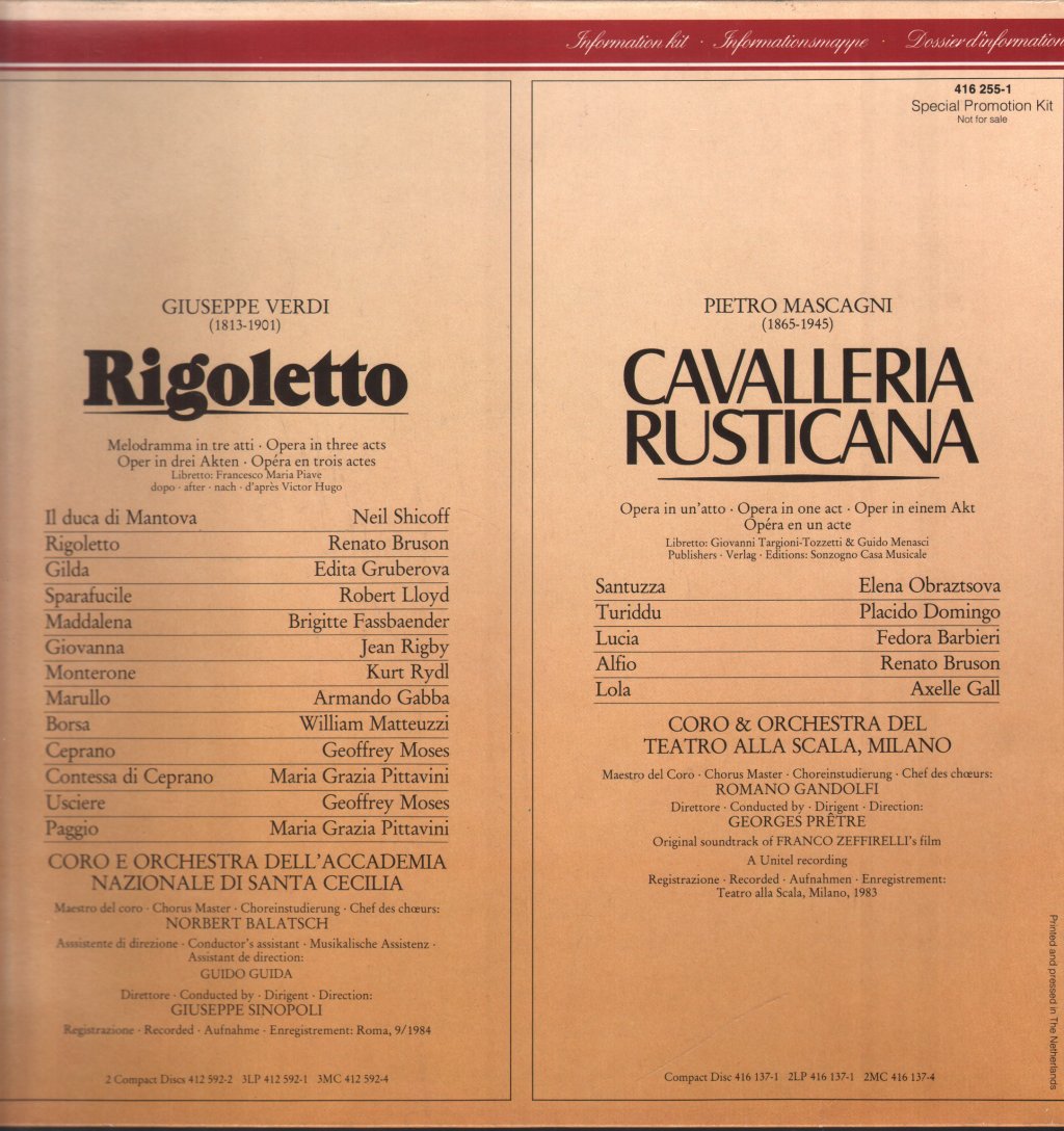 Neil Shicoff / Renato Bruson / Elena Obraztsova / Placido Domingo - Mascagni - Cavalleria Rusticana / Verdi - Rigoletto - Lp