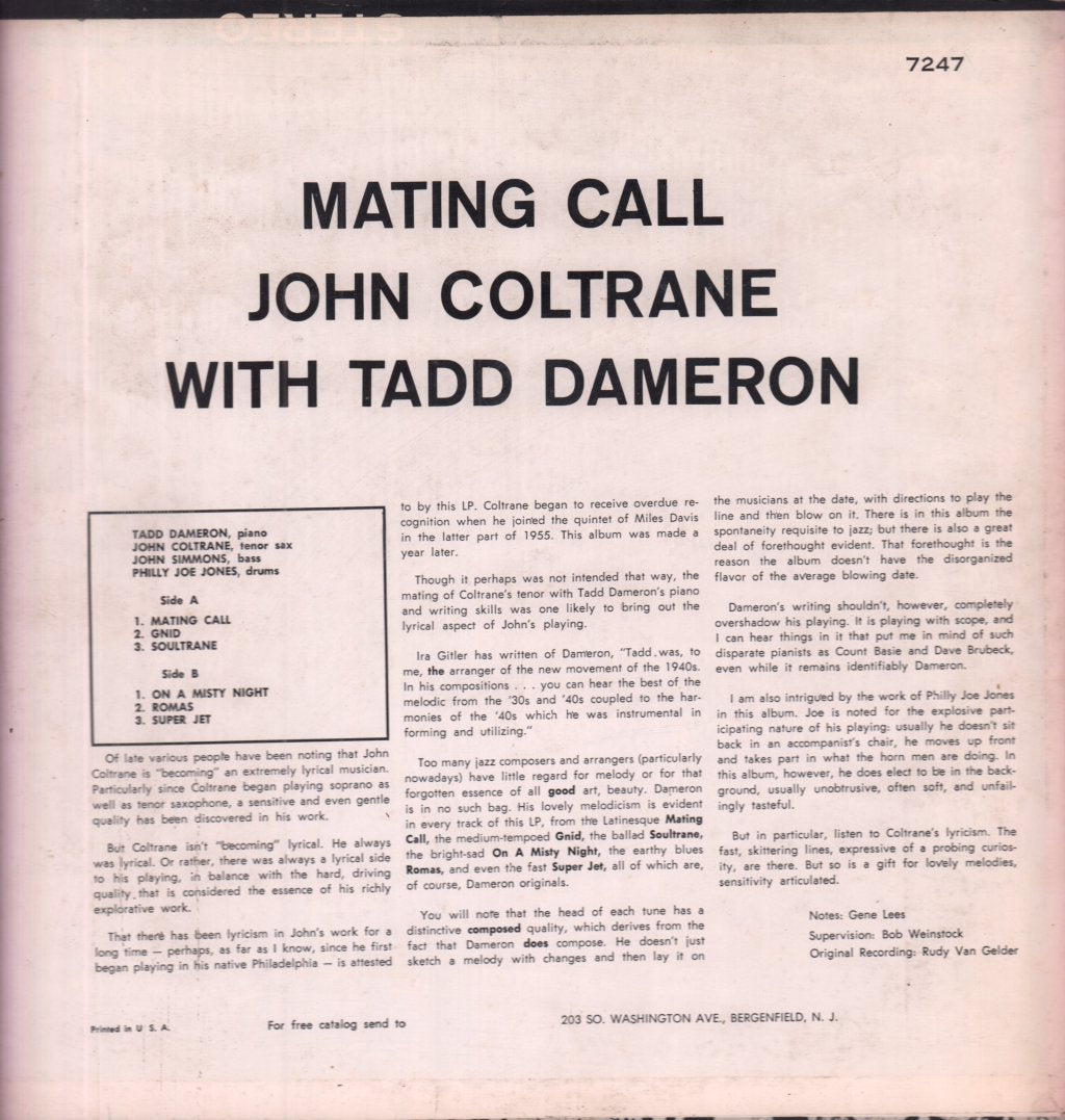 John Coltrane With Tadd Dameron - Mating Call - Lp