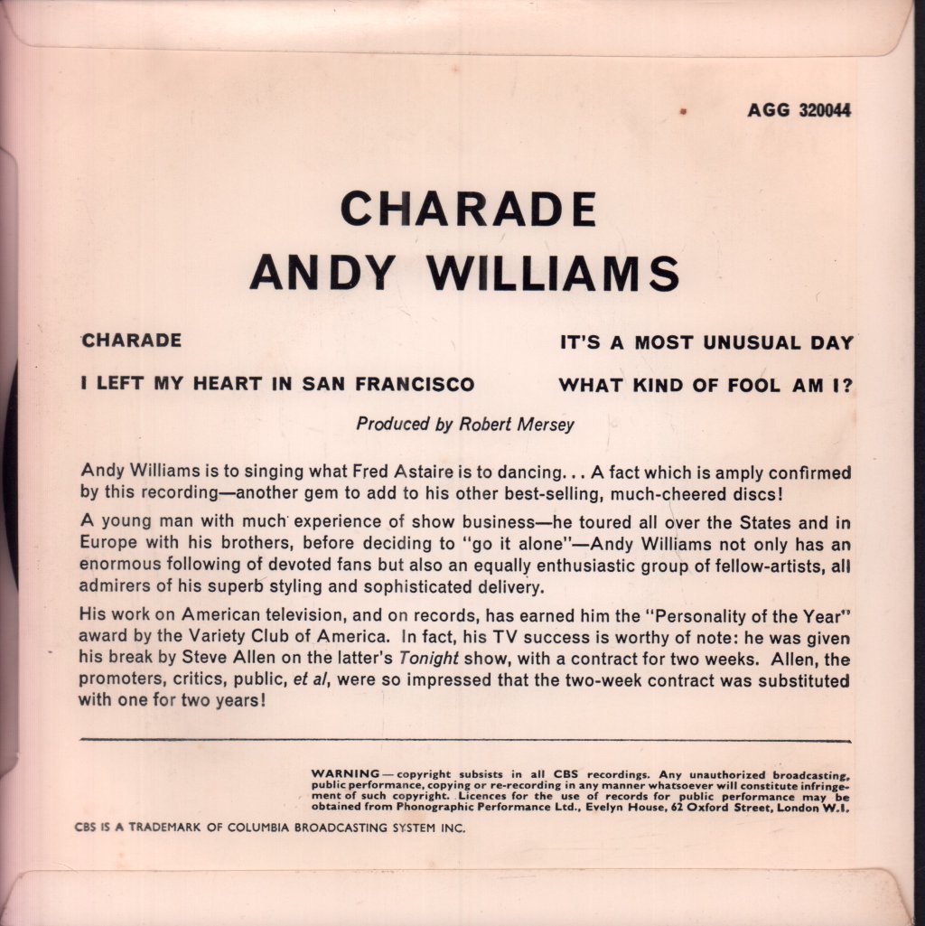 Andy Williams - Charade - 7 Inch