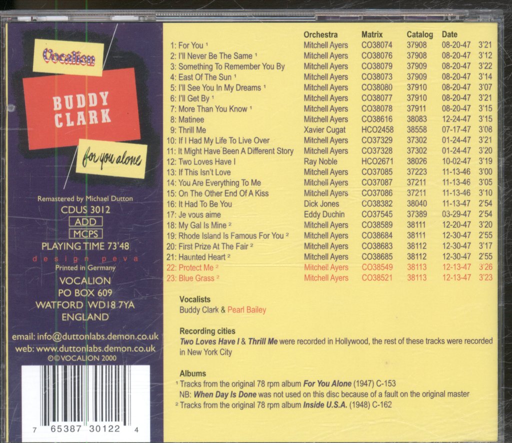 Buddy Clark (jazz) - For You Alone - Cd