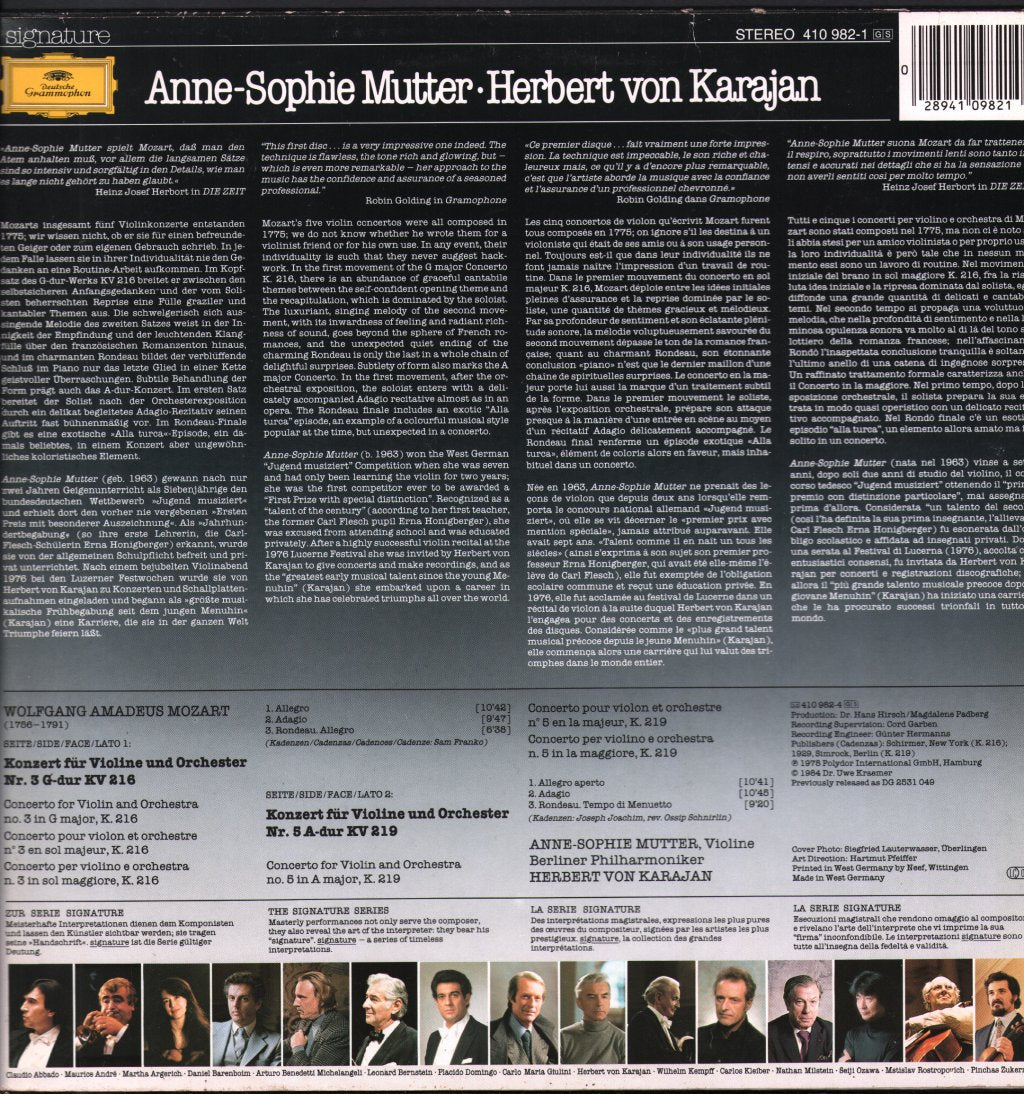Anne-Sophie Mutter / Herbert Von Karajan / Berlin Philharmonic Orchestra - Mozart Violin Concertos Nos 3&5 - Lp