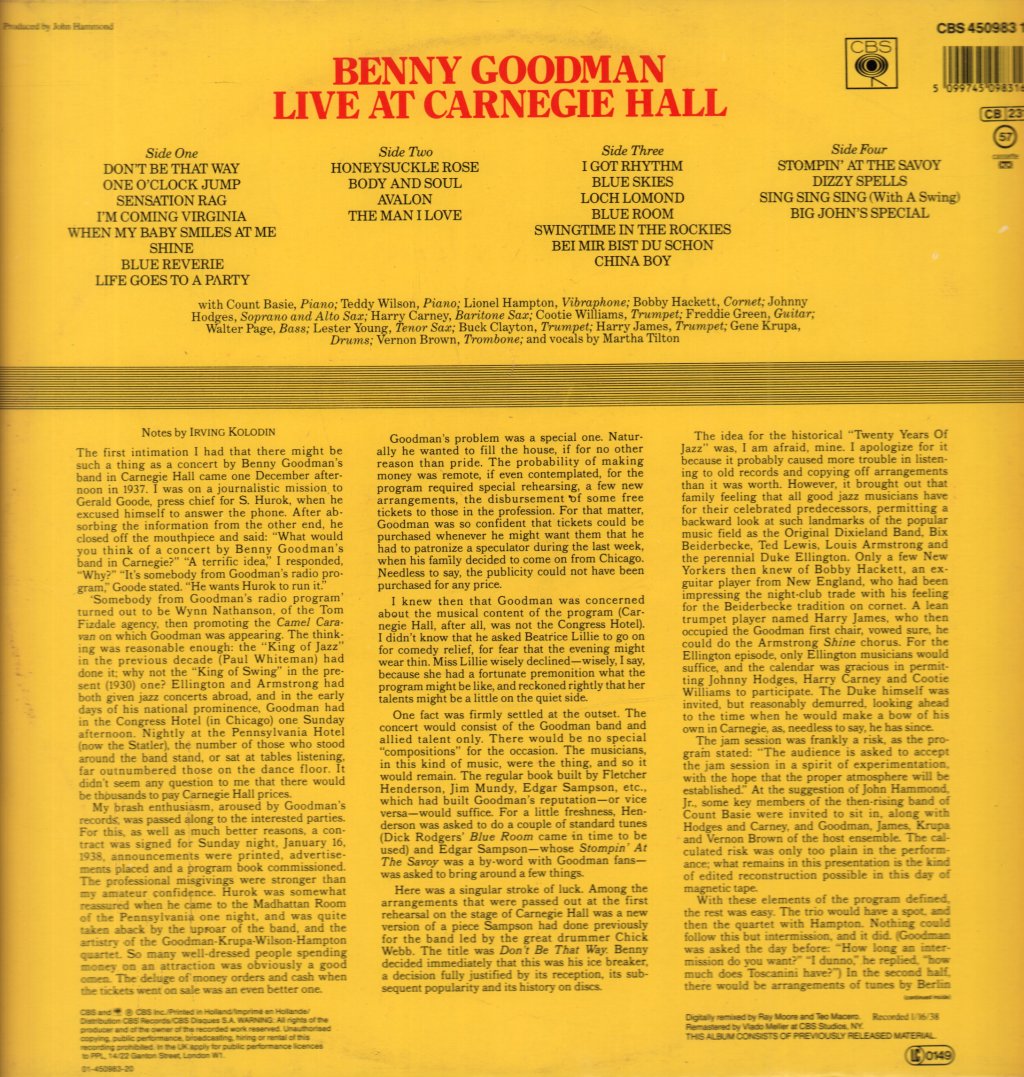 Benny Goodman - Live At Carnegie Hall - Double Lp