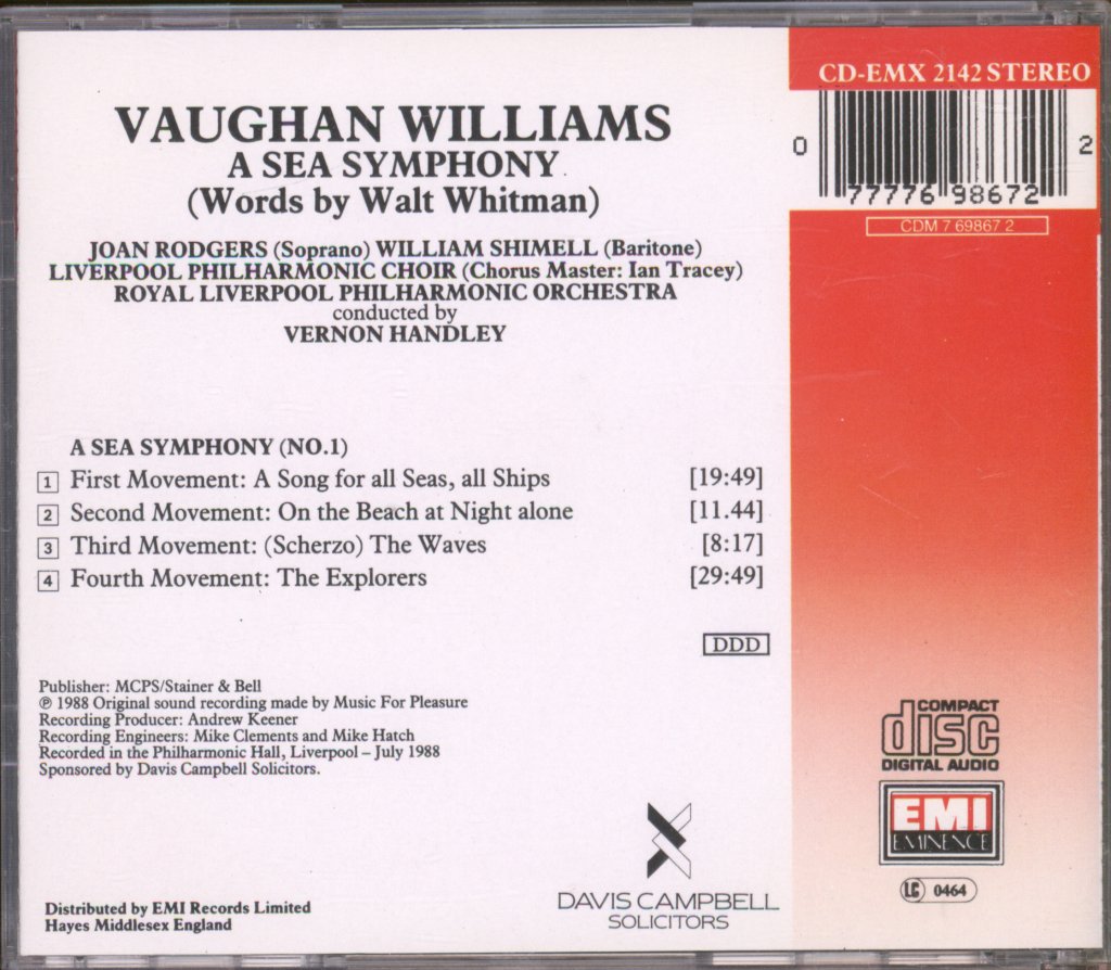 Royal Liverpool Philharmonic Orchestra, Vernon Handley - Vaughan Williams - A Sea Symphony - Cd