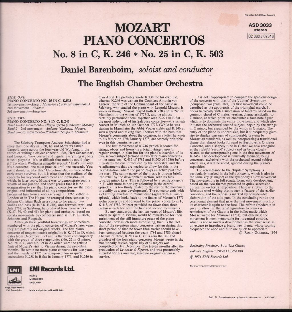 Daniel Barenboim / English Chamber Orchestra - Mozart - Piano Concertos No. 8 In C, K.246 / No. 25 In C, K.503 - Lp