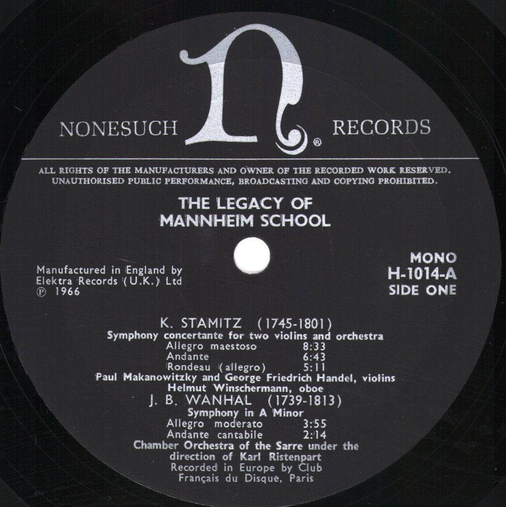 Chamber Orchestra of The Sarre / Karl Ristenpart - Legacy Of The Mannheim School - Stamitz / Wanhal / Winter - Lp