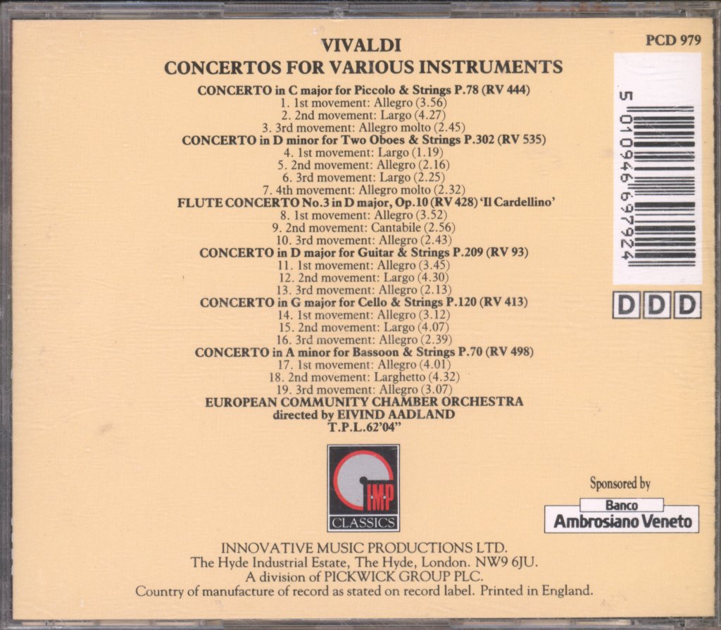 European Community Chamber Orchestra, Eivind Aadland - Vivaldi Concertos For Various Instruments pcd979 - Cd