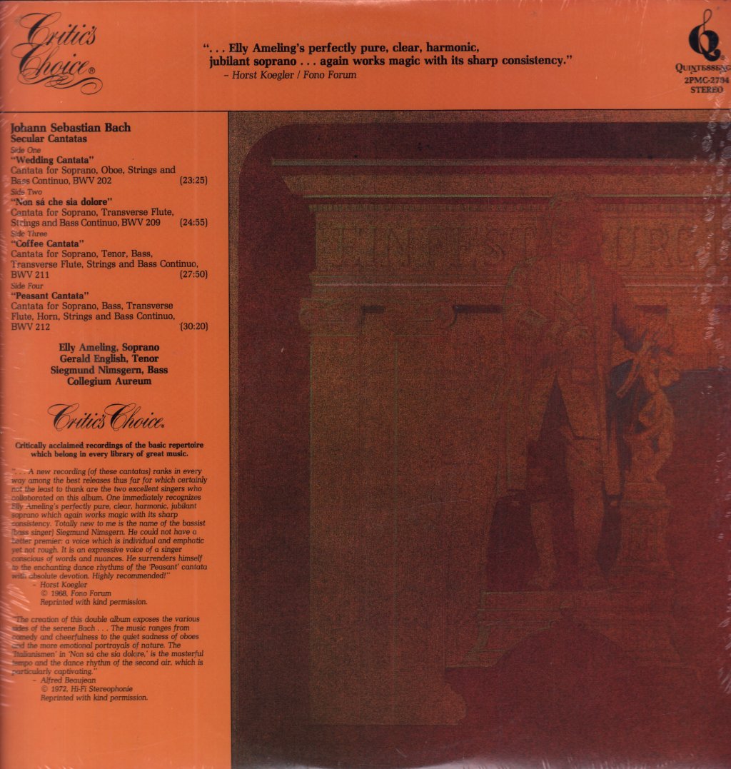 Elly Ameling Gerald English Siegmund Nimsgern Collegium Aureum - bach Secular Cantatas - Double Lp