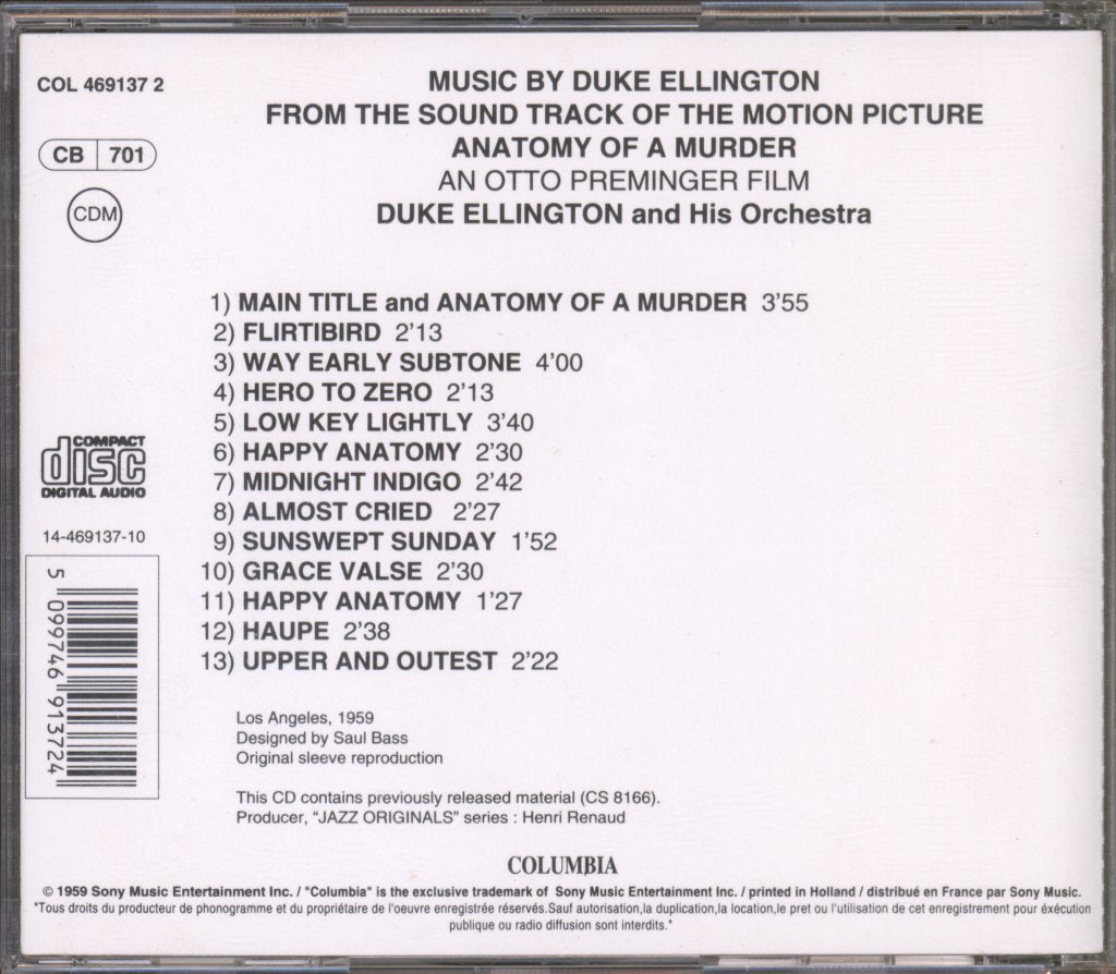 Duke Ellington And His Orchestra - Anatomy Of A Murder (Soundtrack) - Cd