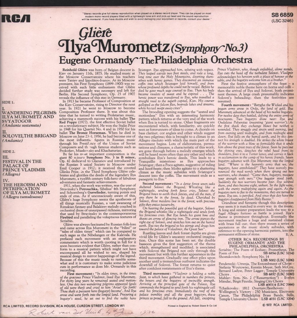 Eugene Ormandy / Philadelphia Orchestra - Glière - Ilya Murometz - Symphony No. 3 - Lp