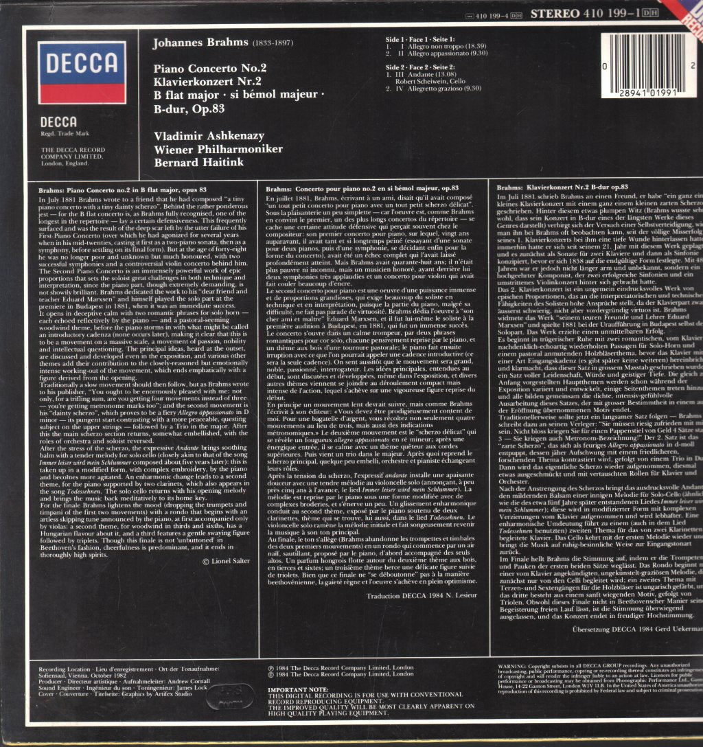 Vladimir Ashkenazy / Bernard Haitink / Wiener Philharmoniker - Brahms - Piano Concerto No.2 / Klavierkonzert Nr.2 - Lp