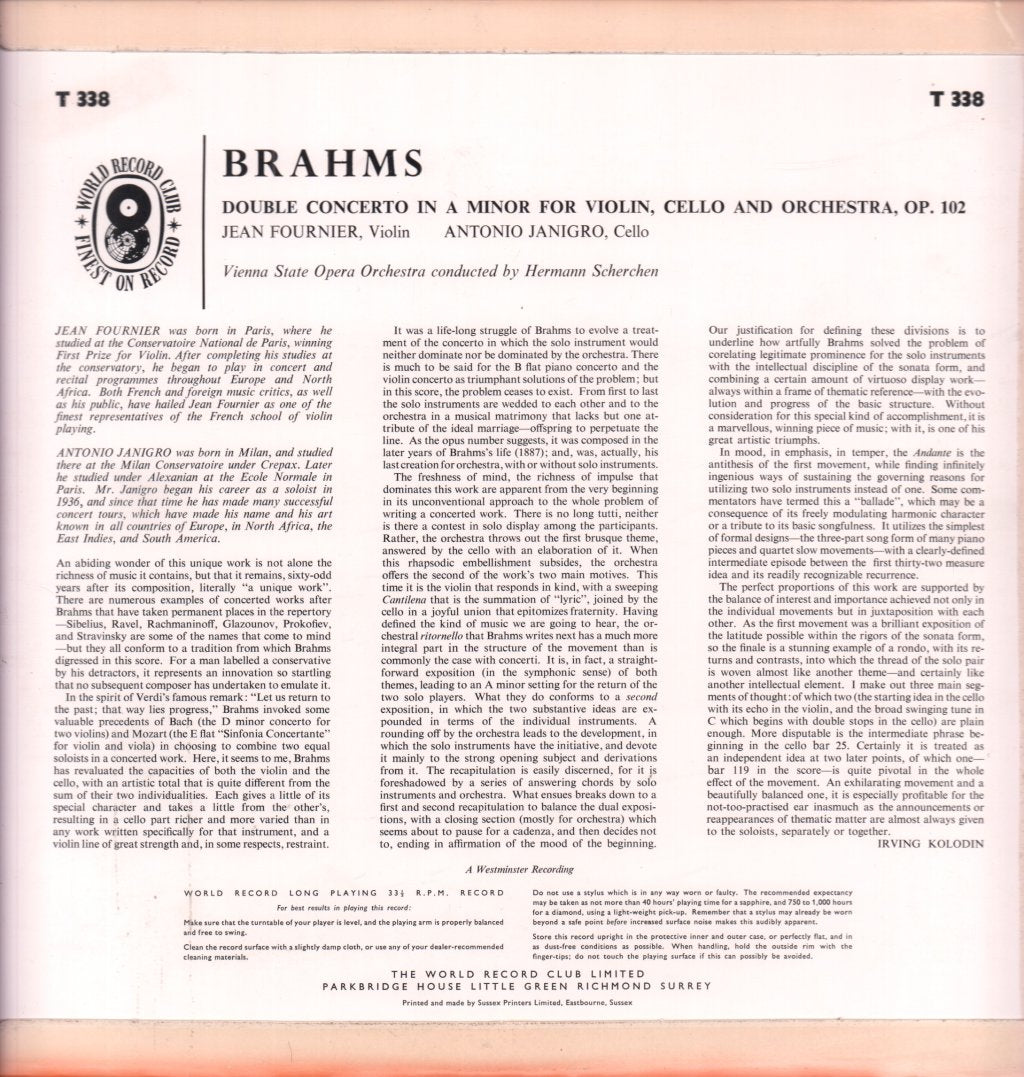 Jean Fournier / Antonio Janigro - Brahms Double Concerto For Violin, Cello & Orchestra - Lp
