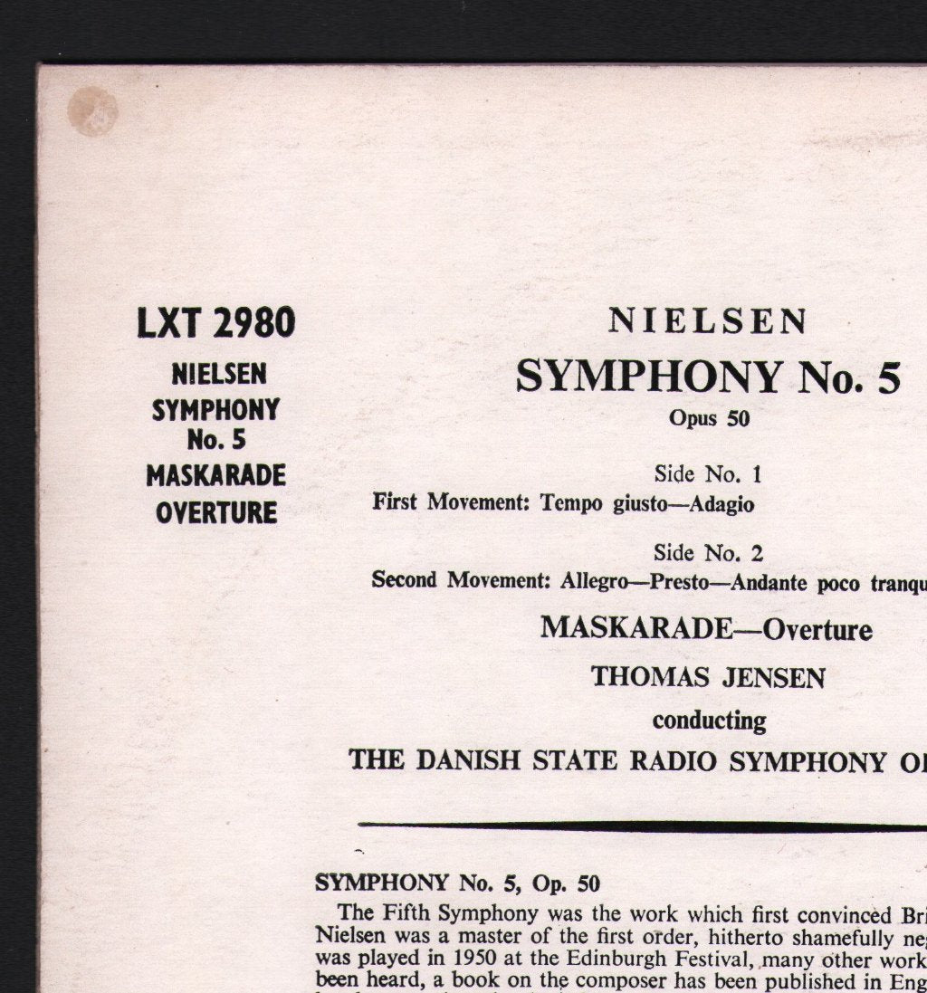 Thomas Jensen / Danish State Radio Symphony Orchestra - Nielsen Symphony No. 5 / Maskarade Overture - Lp
