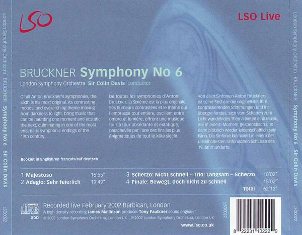 Sir Colin Davis, London Symphony Orchestra - Bruckner - Symphony No 6 - Cd