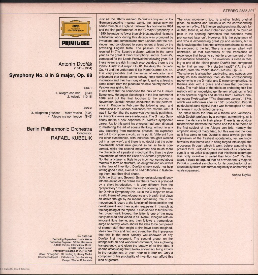Rafael Kubelik / Berlin Philharmonic Orchestra - Dvorak - Symphony No. 8 in G Major Op.88 - Lp