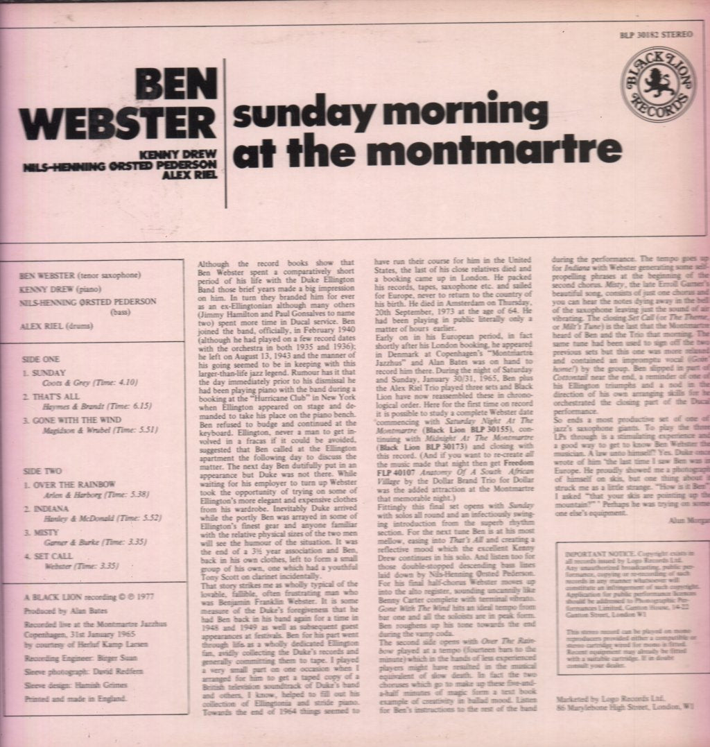 Ben Webster - Sunday Morning At The Montmartre - Lp
