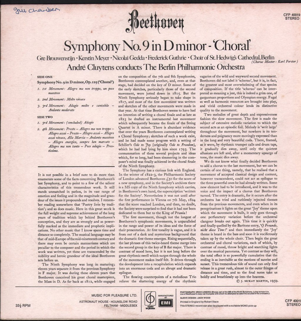 Andre Cluytens / Berlin Philharmonic Orchestra / Gre Brouwenstijn / Kerstin Meyer / Nicolai Gedda - Beethoven - Symphony No. 9 In D Minor - "Choral" - Lp