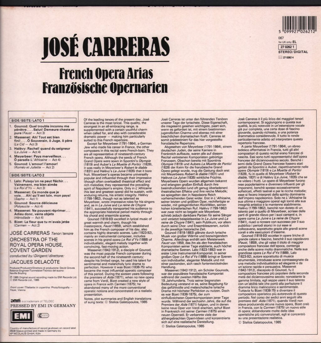 Jose Carreras / Orchestra Of The Royal Opera House, Covent Garden / Jacques Delacote - French Opera Arias - Lp