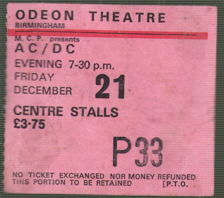 AC/DC - Highway To Hell Tour Part 2 - Odeon Theatre Birmingham 21 December 1979 - Ticket