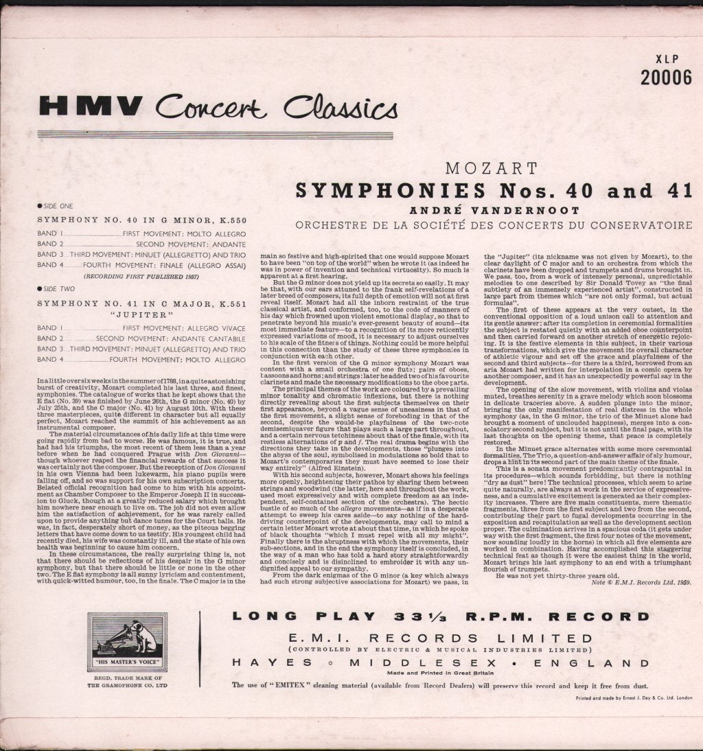 Andre Vandernoot / Paris Conservatoire Orchestra - Mozart - Symphony No. 40 In G Minor K550 / Symphony No. 41 In C Major K551 'Jupiter' - Lp
