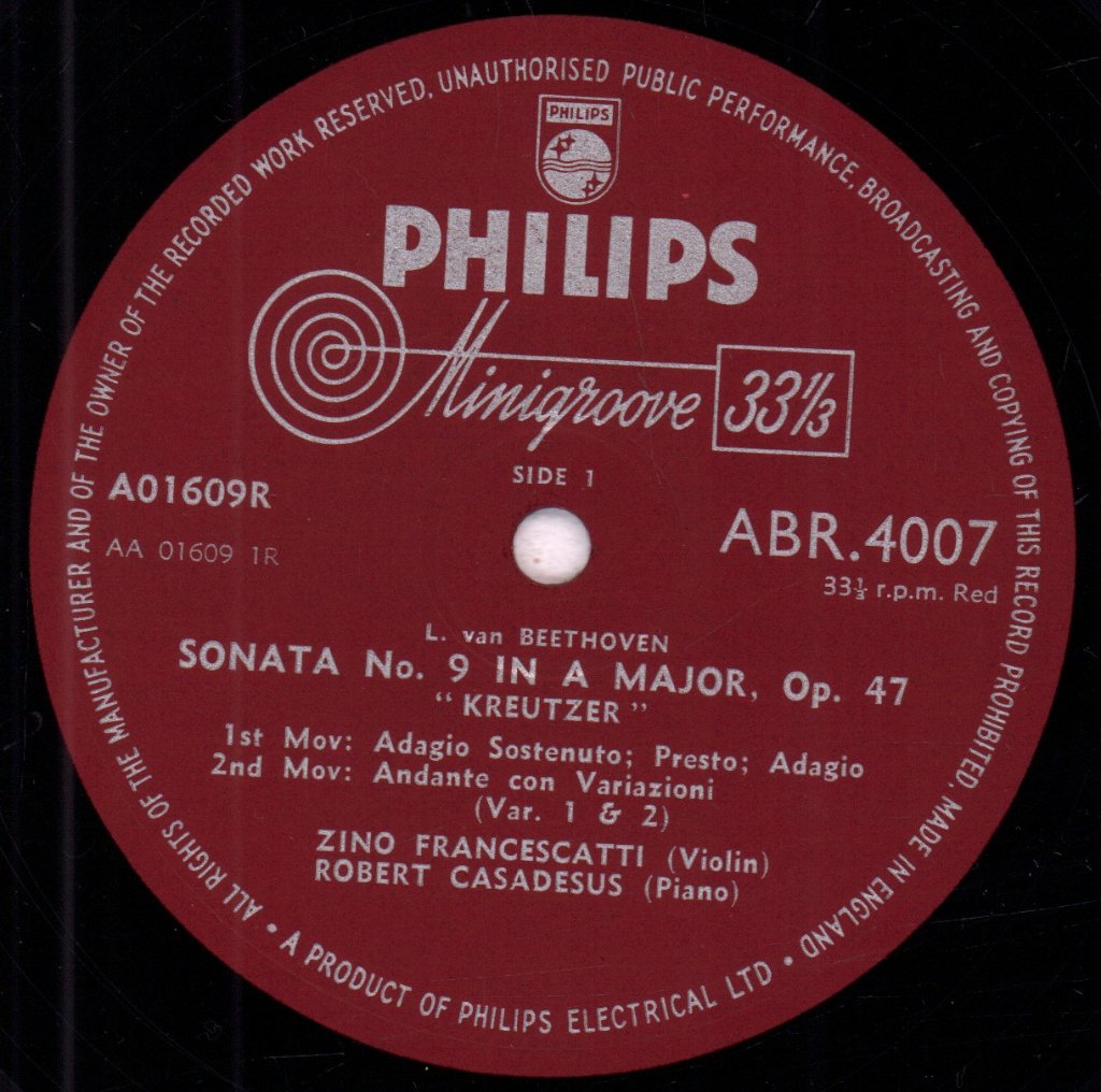 Zino Francescatti / Robert Casadesus - beethoven Kreutzer Sonata No 9 In A Minor - 10 Inch